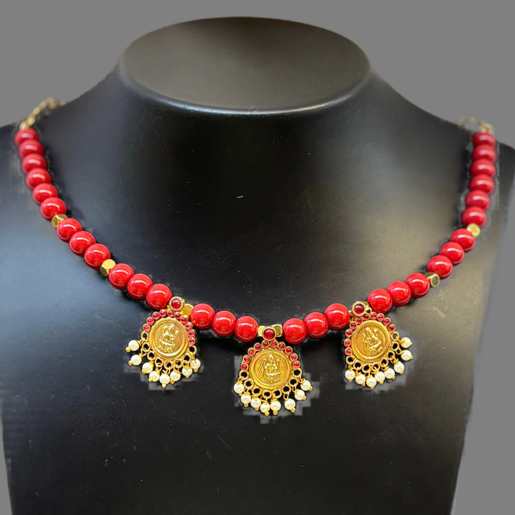 Coral bead with Laxmi pendent chocker