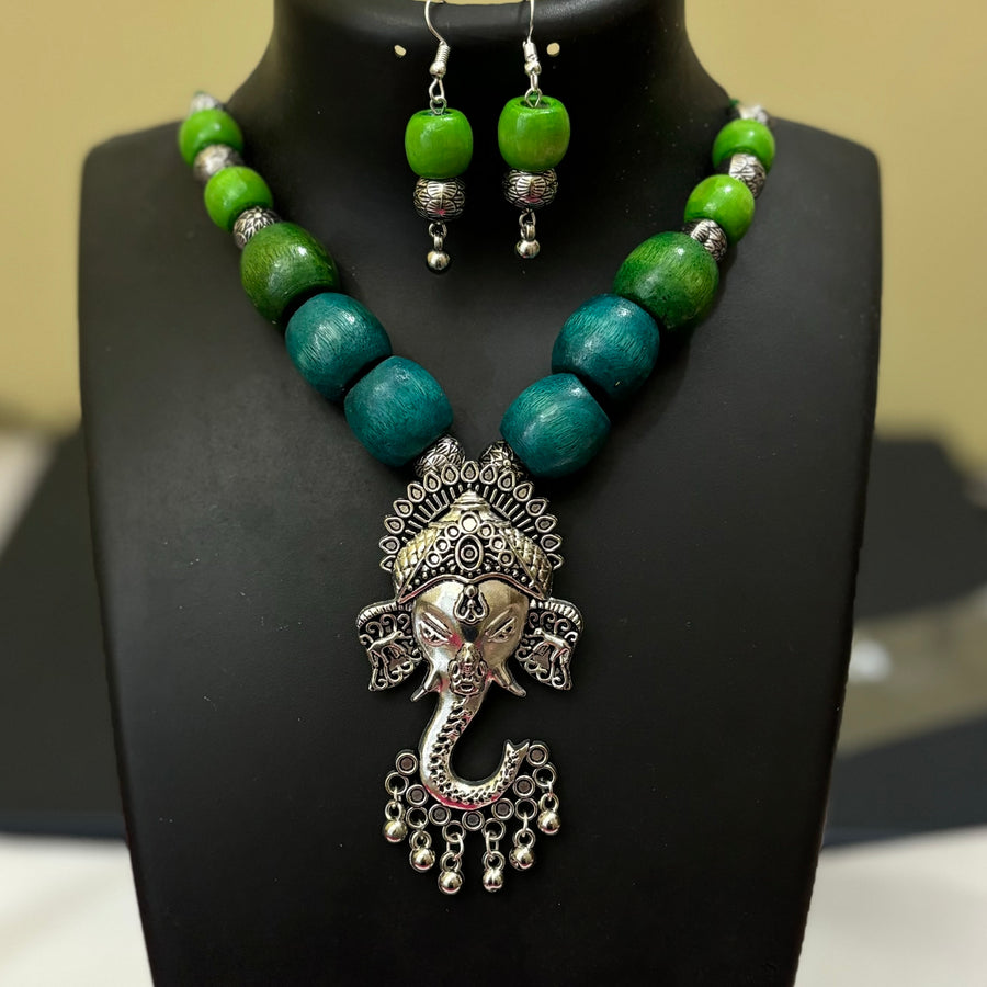 Wooden bead Ganesh Necklace set
