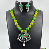 Green Beaded Necklace with Kundan Pendant & Matching Earrings
