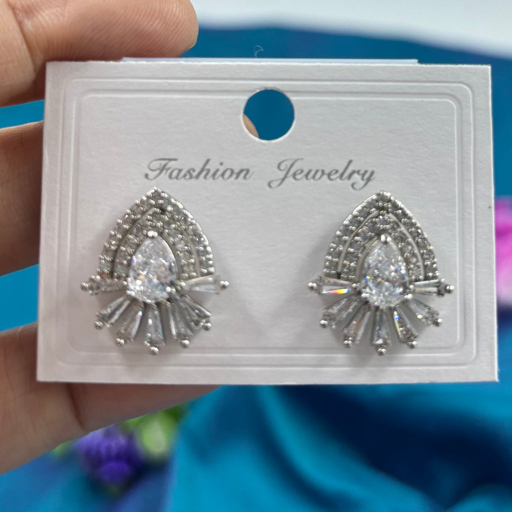 Geometrical white stone silver plated stud