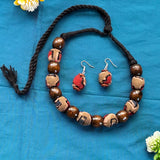 Mustard wooden Beaded Fabric Necklace set