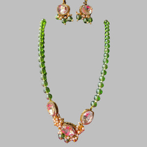 Green Glass bead necklace with  glass kundan  pendent