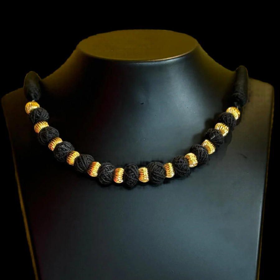 Black fabric bead necklace