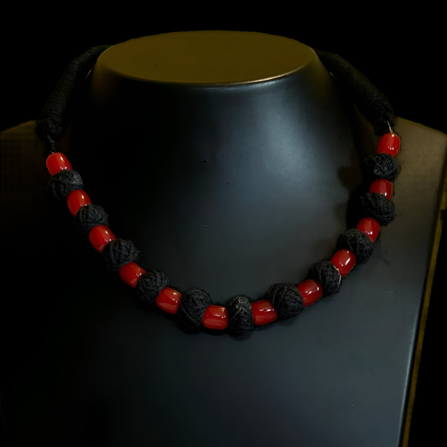 Black fabric bead necklace