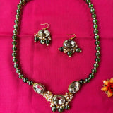 Green Glass bead necklace with  glass kundan  pendent