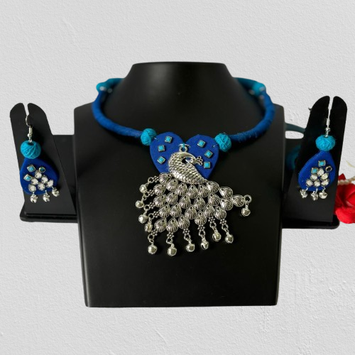 Hasli Blue Fabric Peacock Pendent Necklace